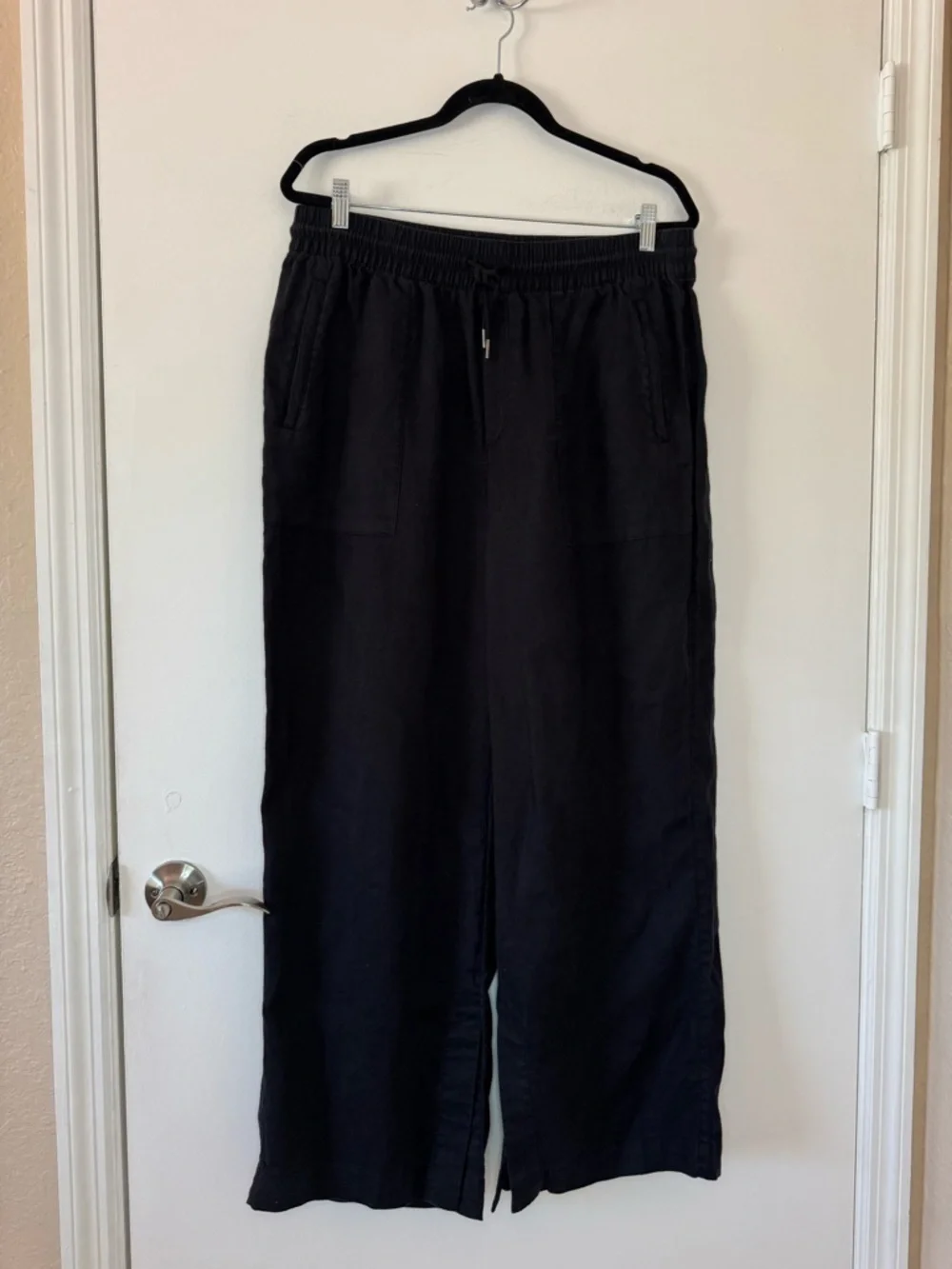 Athleta Retreat  Black Wide Leg Linen Drawstring Pants  Size Large